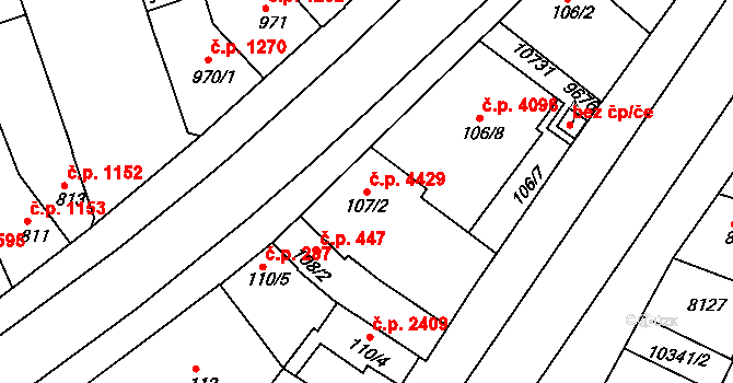 Hodonín 4429 na parcele st. 107/2 v KÚ Hodonín, Katastrální mapa