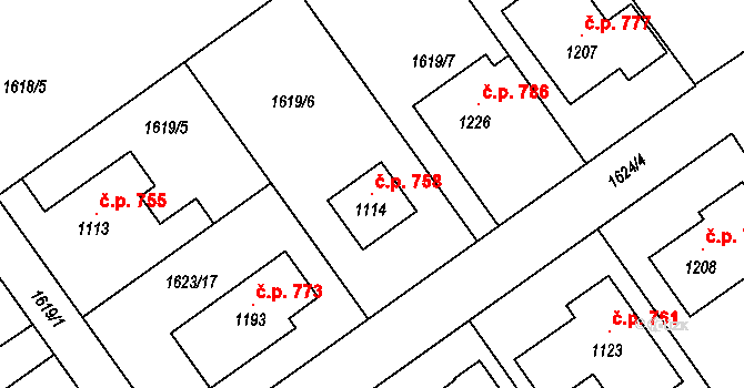 Boršice 758 na parcele st. 1114 v KÚ Boršice u Buchlovic, Katastrální mapa