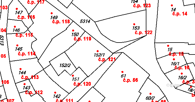 Znojmo 121 na parcele st. 152/1 v KÚ Znojmo-město, Katastrální mapa