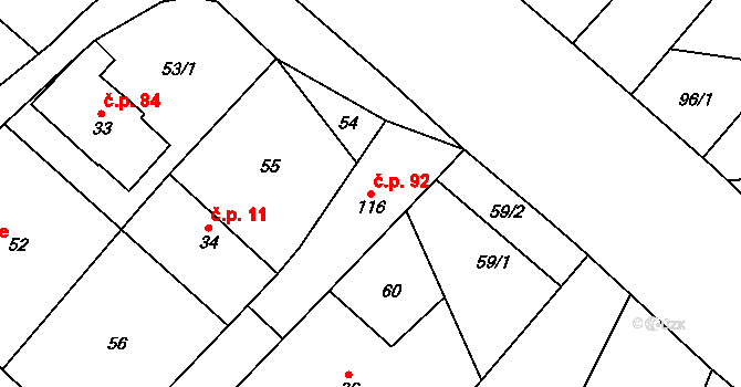 Skoky 92, Dolní Újezd na parcele st. 116 v KÚ Skoky u Staměřic, Katastrální mapa
