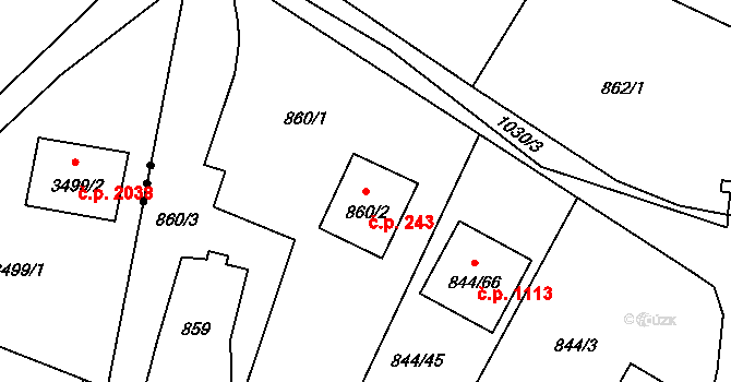 Srubec 243 na parcele st. 860/2 v KÚ Srubec, Katastrální mapa