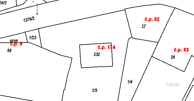 Skočice 174, Přeštice na parcele st. 232 v KÚ Skočice u Přeštic, Katastrální mapa