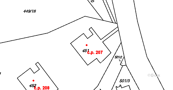 Dolní Líštná 207, Třinec na parcele st. 451 v KÚ Dolní Líštná, Katastrální mapa