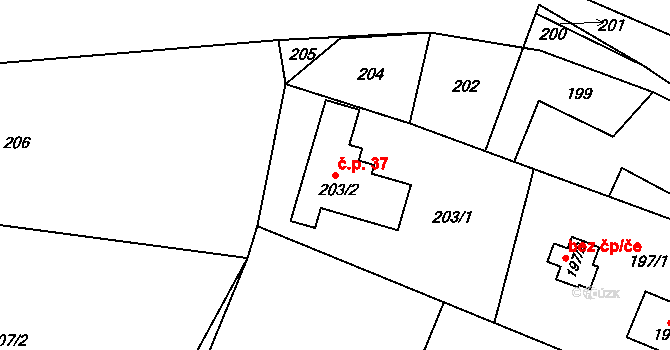 Zahořany 37 na parcele st. 203/2 v KÚ Zahořany u Mníšku pod Brdy, Katastrální mapa
