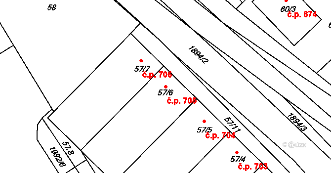 Šardice 705 na parcele st. 57/6 v KÚ Šardice, Katastrální mapa
