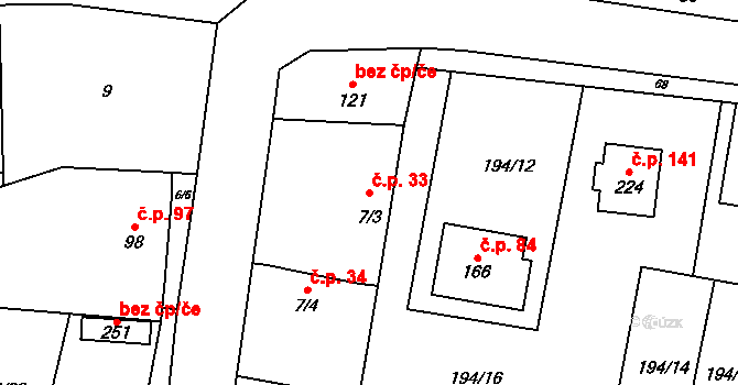 Třebusice 33 na parcele st. 7/3 v KÚ Třebusice, Katastrální mapa
