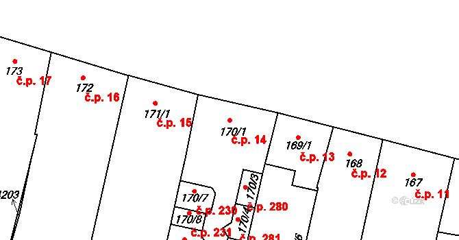Kyjov 14 na parcele st. 170/1 v KÚ Kyjov, Katastrální mapa