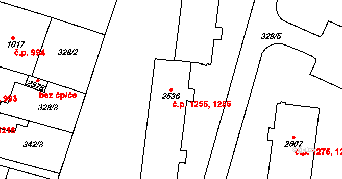 Kyjov 1255,1256 na parcele st. 2536 v KÚ Kyjov, Katastrální mapa