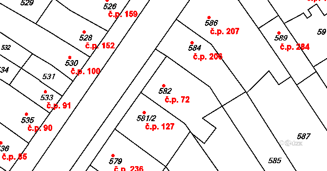 Rousínov 72 na parcele st. 582 v KÚ Rousínov u Vyškova, Katastrální mapa