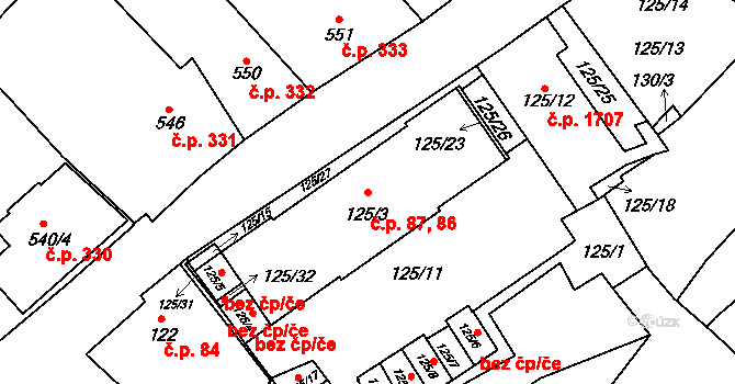 Mikulov 86,87 na parcele st. 125/3 v KÚ Mikulov na Moravě, Katastrální mapa