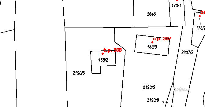 Březová nad Svitavou 388 na parcele st. 185/2 v KÚ Zářečí nad Svitavou, Katastrální mapa