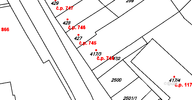 Uničov 744 na parcele st. 417/3 v KÚ Uničov, Katastrální mapa