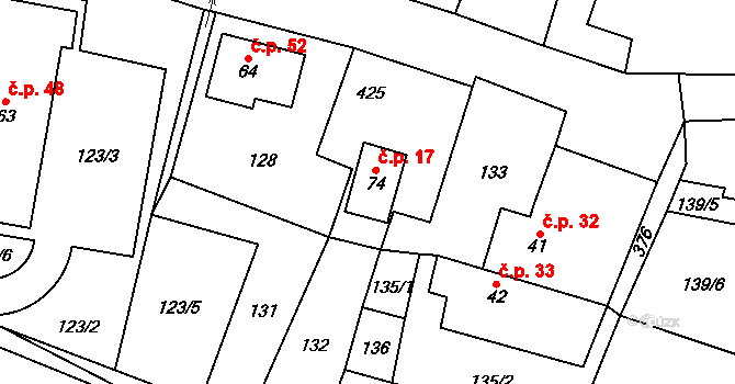 Velký Újezd 17, Býčkovice na parcele st. 74 v KÚ Velký Újezd u Litoměřic, Katastrální mapa