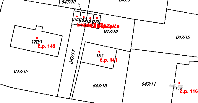 Staré Smrkovice 141 na parcele st. 153 v KÚ Staré Smrkovice, Katastrální mapa