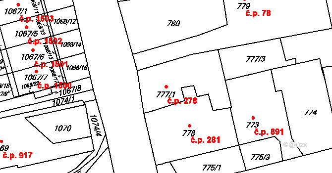 Dolní Lutyně 278 na parcele st. 777/1 v KÚ Dolní Lutyně, Katastrální mapa