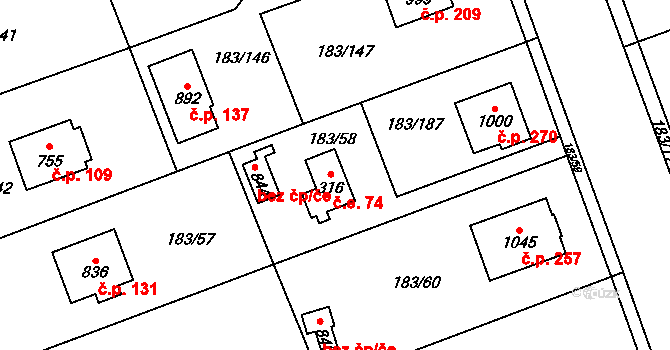 Svojetice 74 na parcele st. 316 v KÚ Svojetice, Katastrální mapa
