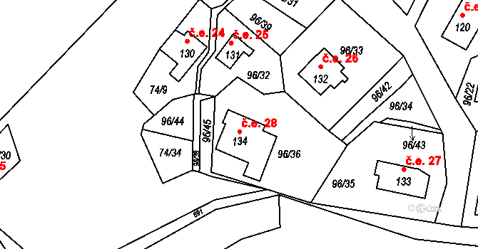 Rašovice 28, Klášterec nad Ohří na parcele st. 134 v KÚ Rašovice u Klášterce nad Ohří, Katastrální mapa