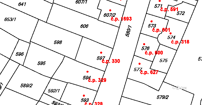 Kadaň 330 na parcele st. 597 v KÚ Kadaň, Katastrální mapa