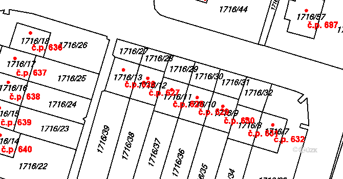 Miřetice u Klášterce nad Ohří 628, Klášterec nad Ohří na parcele st. 1716/11 v KÚ Miřetice u Klášterce nad Ohří, Katastrální mapa