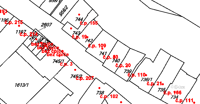 Nové Dvory 53, Třebíč na parcele st. 741 v KÚ Třebíč, Katastrální mapa