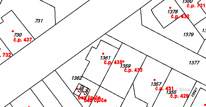 Černá Pole 435, Brno na parcele st. 1361 v KÚ Černá Pole, Katastrální mapa