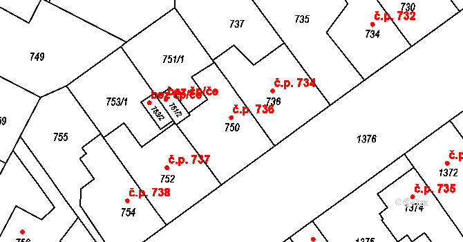 Černá Pole 736, Brno na parcele st. 750 v KÚ Černá Pole, Katastrální mapa