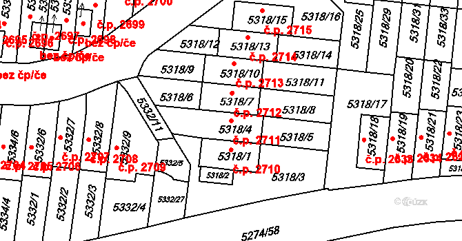 Žabovřesky 2711, Brno na parcele st. 5318/4 v KÚ Žabovřesky, Katastrální mapa