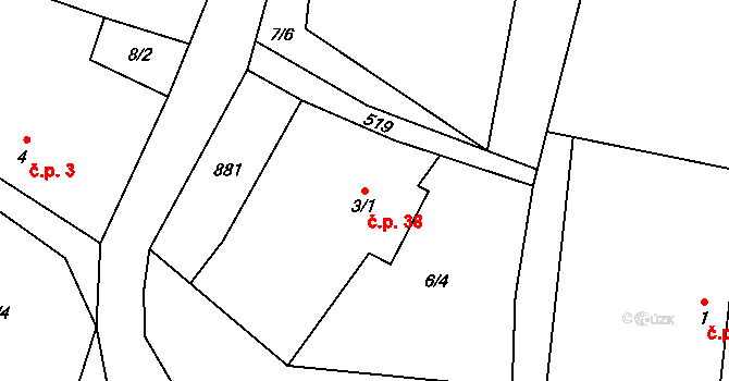 Čejkov 38, Nový Rychnov na parcele st. 3/1 v KÚ Čejkov, Katastrální mapa