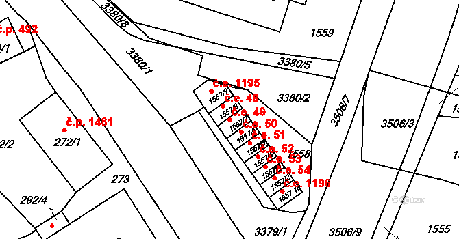 Pelhřimov 49 na parcele st. 1557/7 v KÚ Pelhřimov, Katastrální mapa