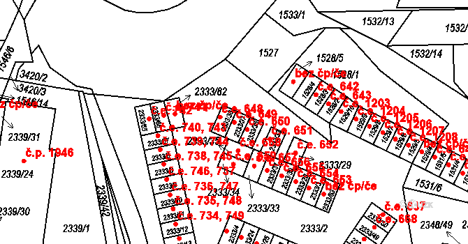 Pelhřimov 649 na parcele st. 2333/37 v KÚ Pelhřimov, Katastrální mapa