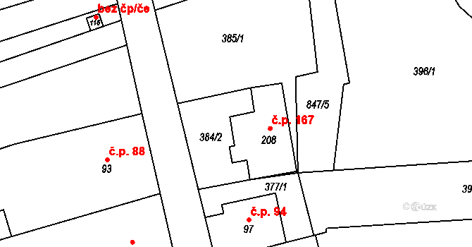 Úsobrno 167 na parcele st. 208 v KÚ Úsobrno, Katastrální mapa