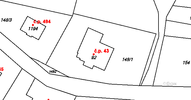 Skalice 43, Frýdek-Místek na parcele st. 92 v KÚ Skalice u Frýdku-Místku, Katastrální mapa
