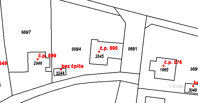 Plzeňské Předměstí 590, Rokycany na parcele st. 2845 v KÚ Rokycany, Katastrální mapa