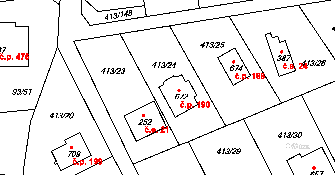 Zdiby 190 na parcele st. 672 v KÚ Zdiby, Katastrální mapa