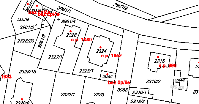 Modřany 1052, Praha na parcele st. 2324 v KÚ Modřany, Katastrální mapa