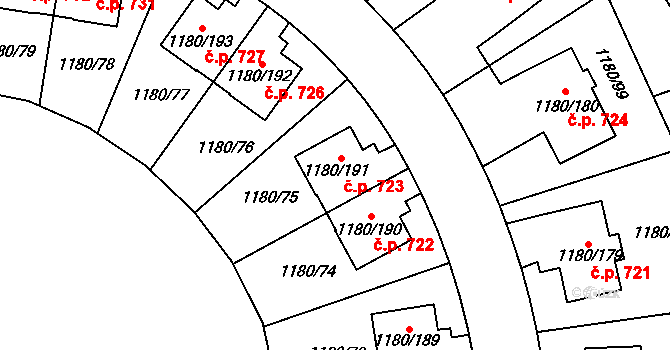 Nebušice 723, Praha na parcele st. 1180/191 v KÚ Nebušice, Katastrální mapa