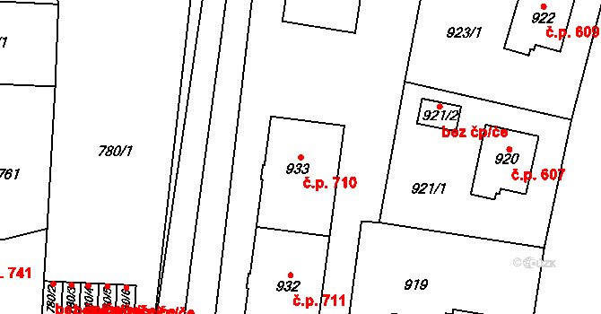 Kbely 710, Praha na parcele st. 933 v KÚ Kbely, Katastrální mapa