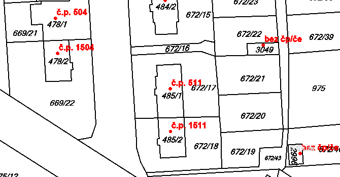 Sezimovo Ústí 511 na parcele st. 485/1 v KÚ Sezimovo Ústí, Katastrální mapa