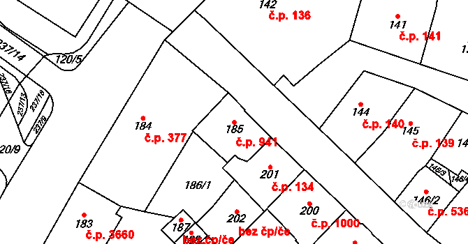 Chomutov 941 na parcele st. 185 v KÚ Chomutov I, Katastrální mapa