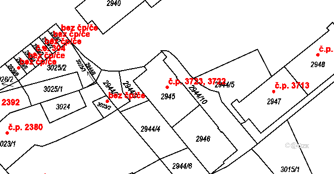 Chomutov 3722,3723 na parcele st. 2945 v KÚ Chomutov II, Katastrální mapa
