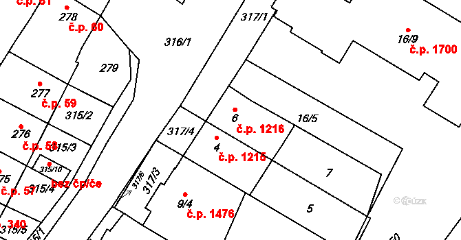 Šlapanice 1216 na parcele st. 6 v KÚ Šlapanice u Brna, Katastrální mapa