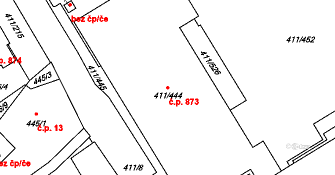 Ráj 873, Karviná na parcele st. 411/444 v KÚ Ráj, Katastrální mapa