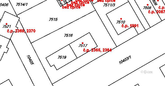 Jižní Předměstí 2364,2365, Plzeň na parcele st. 7517 v KÚ Plzeň, Katastrální mapa