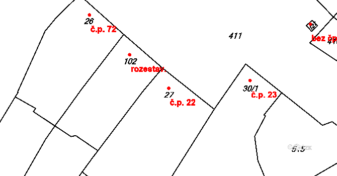 Žešov 22, Prostějov na parcele st. 27 v KÚ Žešov, Katastrální mapa