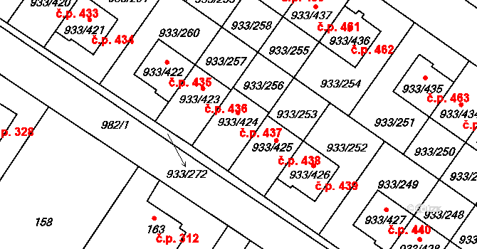 Satalice 437, Praha na parcele st. 933/424 v KÚ Satalice, Katastrální mapa