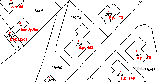 Škrovád 143, Slatiňany na parcele st. 188 v KÚ Škrovád, Katastrální mapa