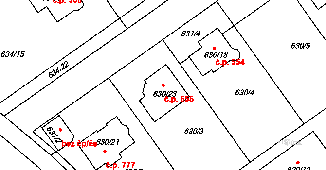 Jirny 555 na parcele st. 630/23 v KÚ Jirny, Katastrální mapa
