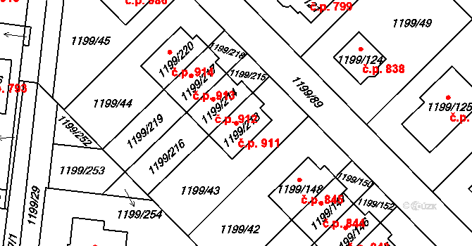 Vejprnice 911 na parcele st. 1199/213 v KÚ Vejprnice, Katastrální mapa