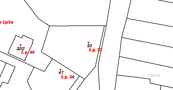 Černíč 37, Hradešice na parcele st. 53 v KÚ Černíč u Hradešic, Katastrální mapa