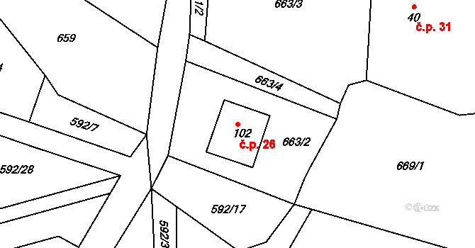 Mstětice 26, Maršovice na parcele st. 102 v KÚ Zderadice, Katastrální mapa
